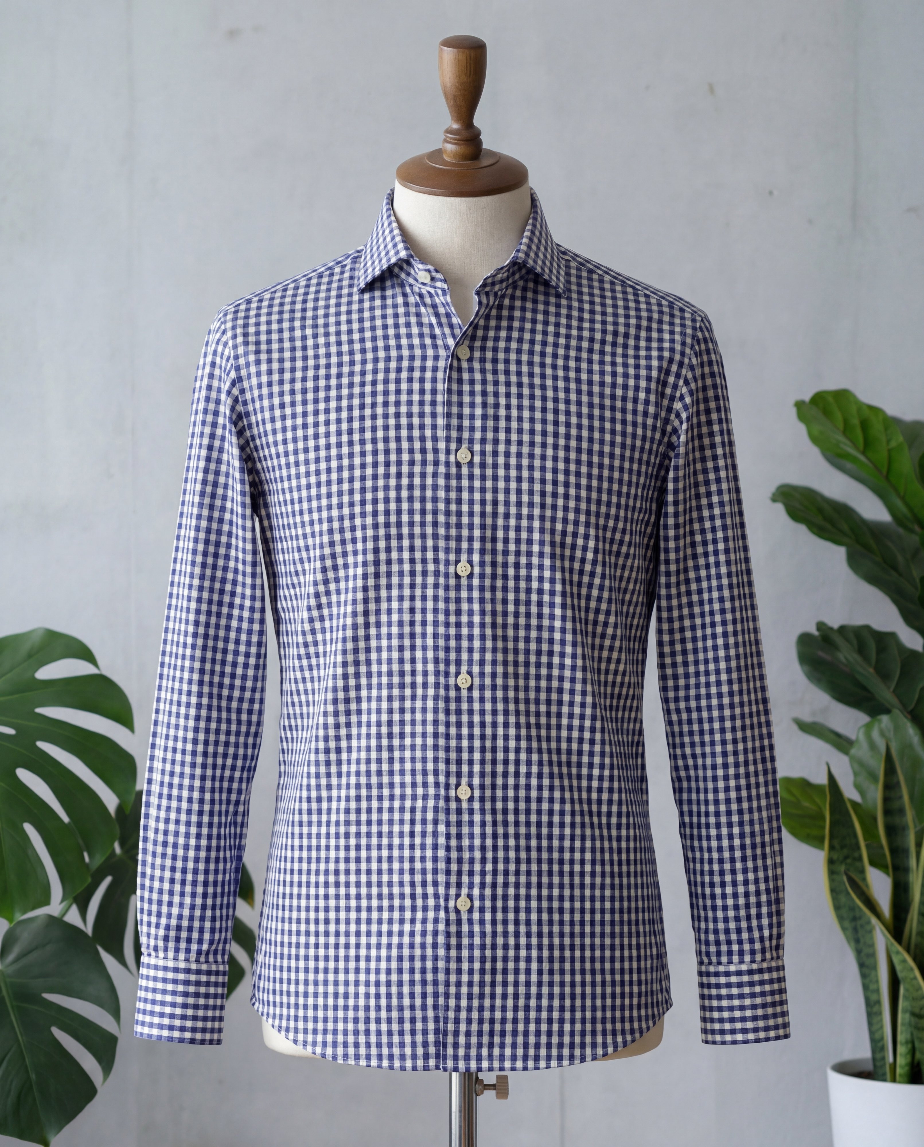 Navy Mini Gingham Cotton Shirt - Additional view 1