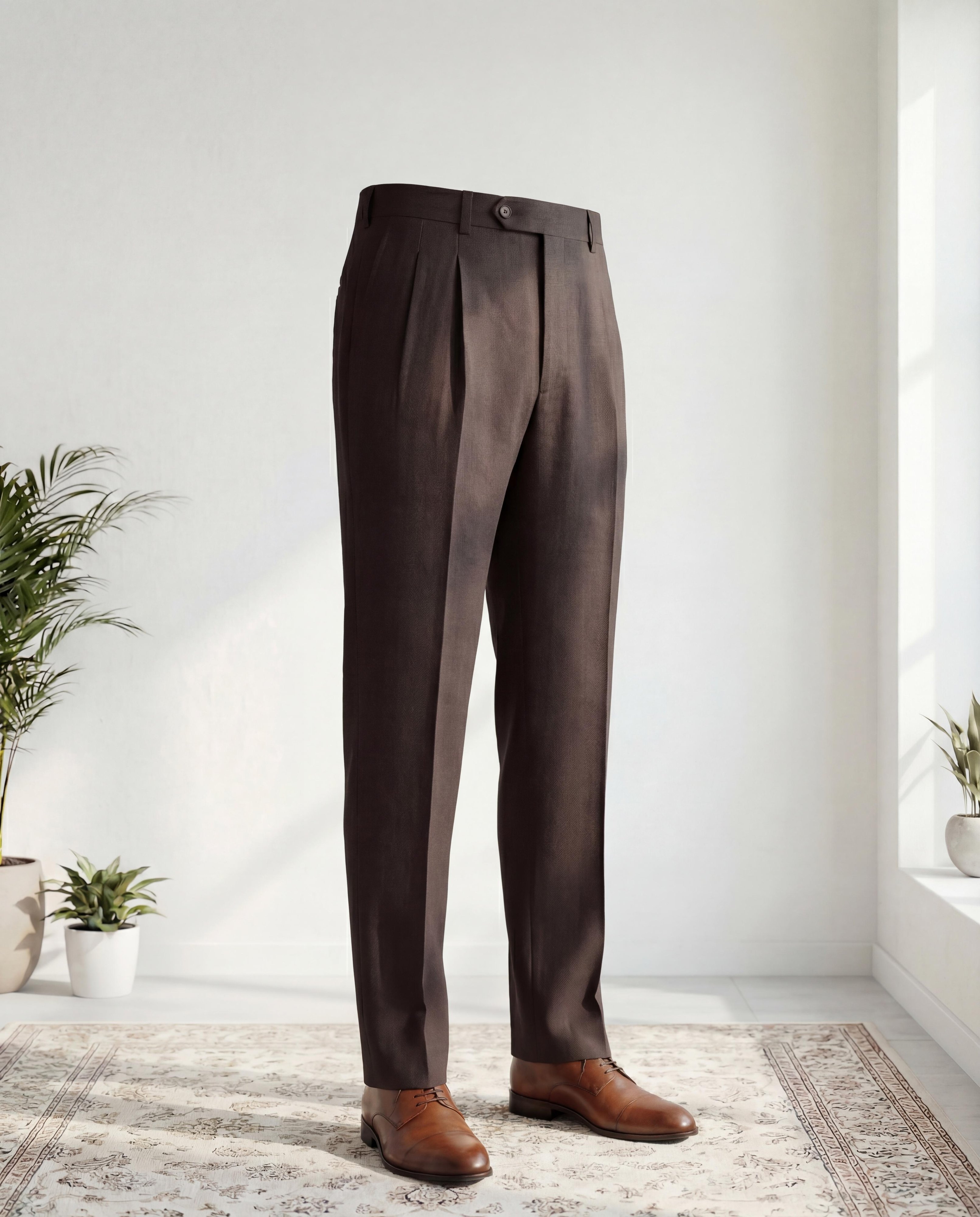 Dark Chocolate Herringbone Linen Trousers - Additional view 1