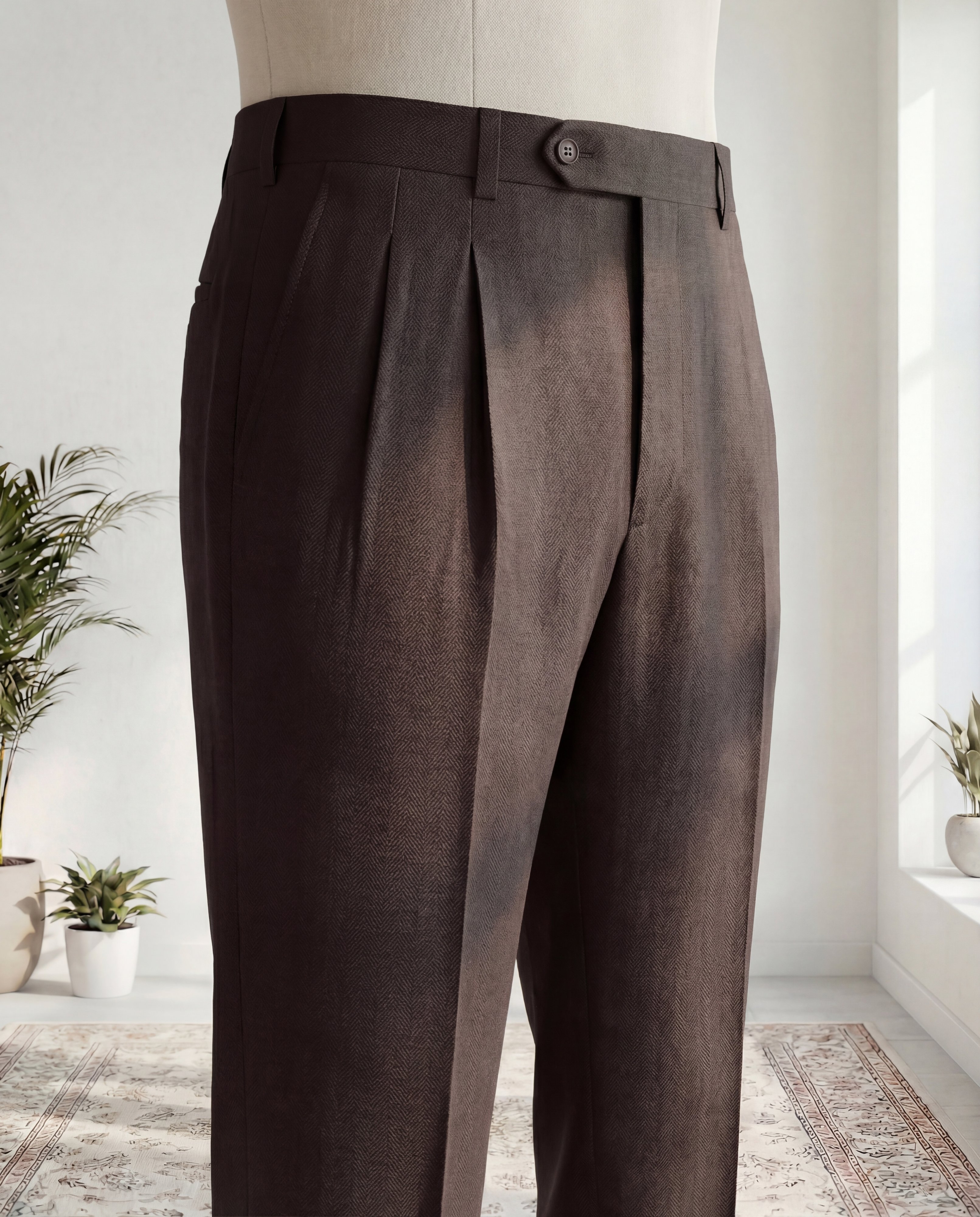Dark Chocolate Herringbone Linen Trousers - Additional view 5