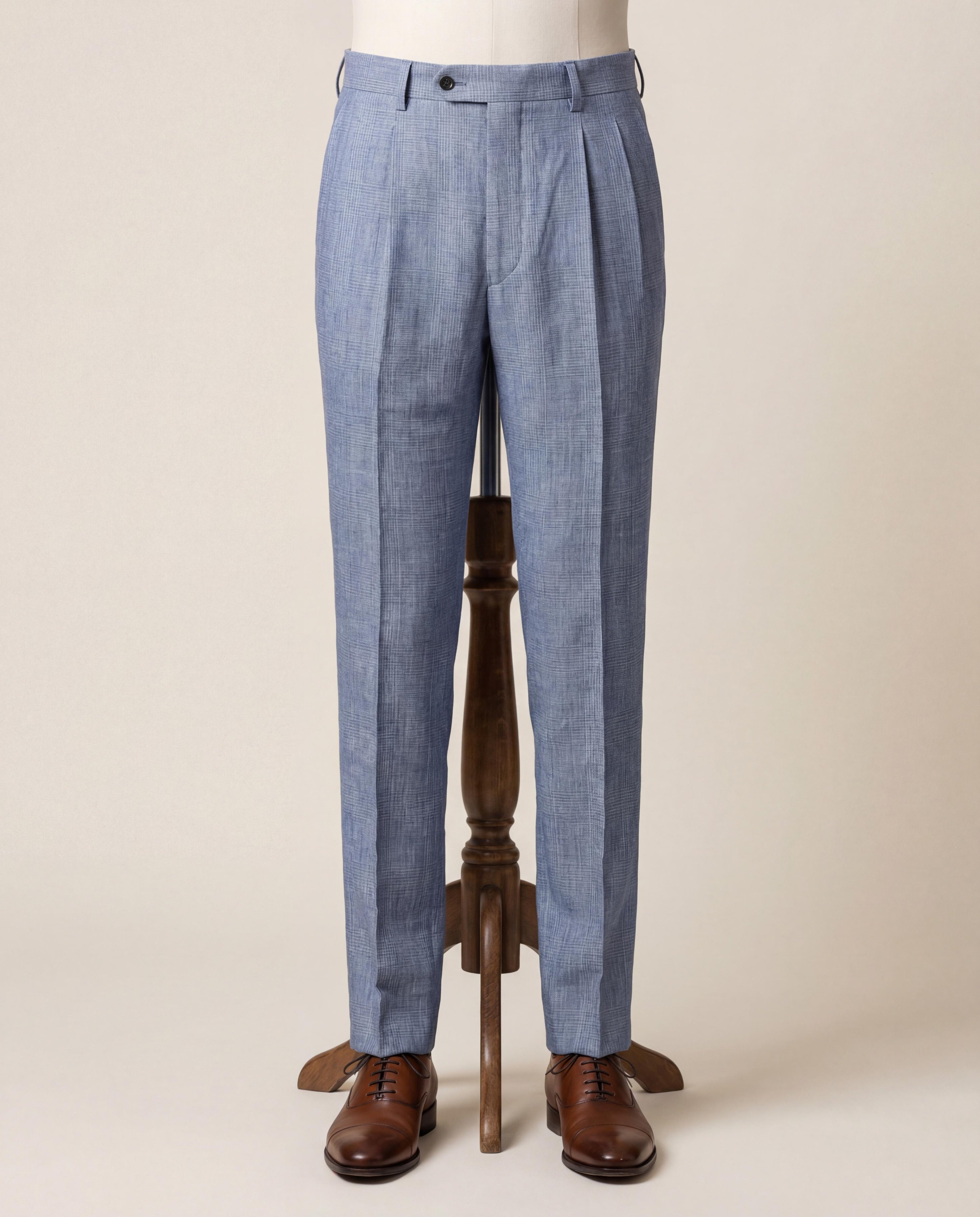 Light Sky Blue Check Linen Trousers - Additional view 3