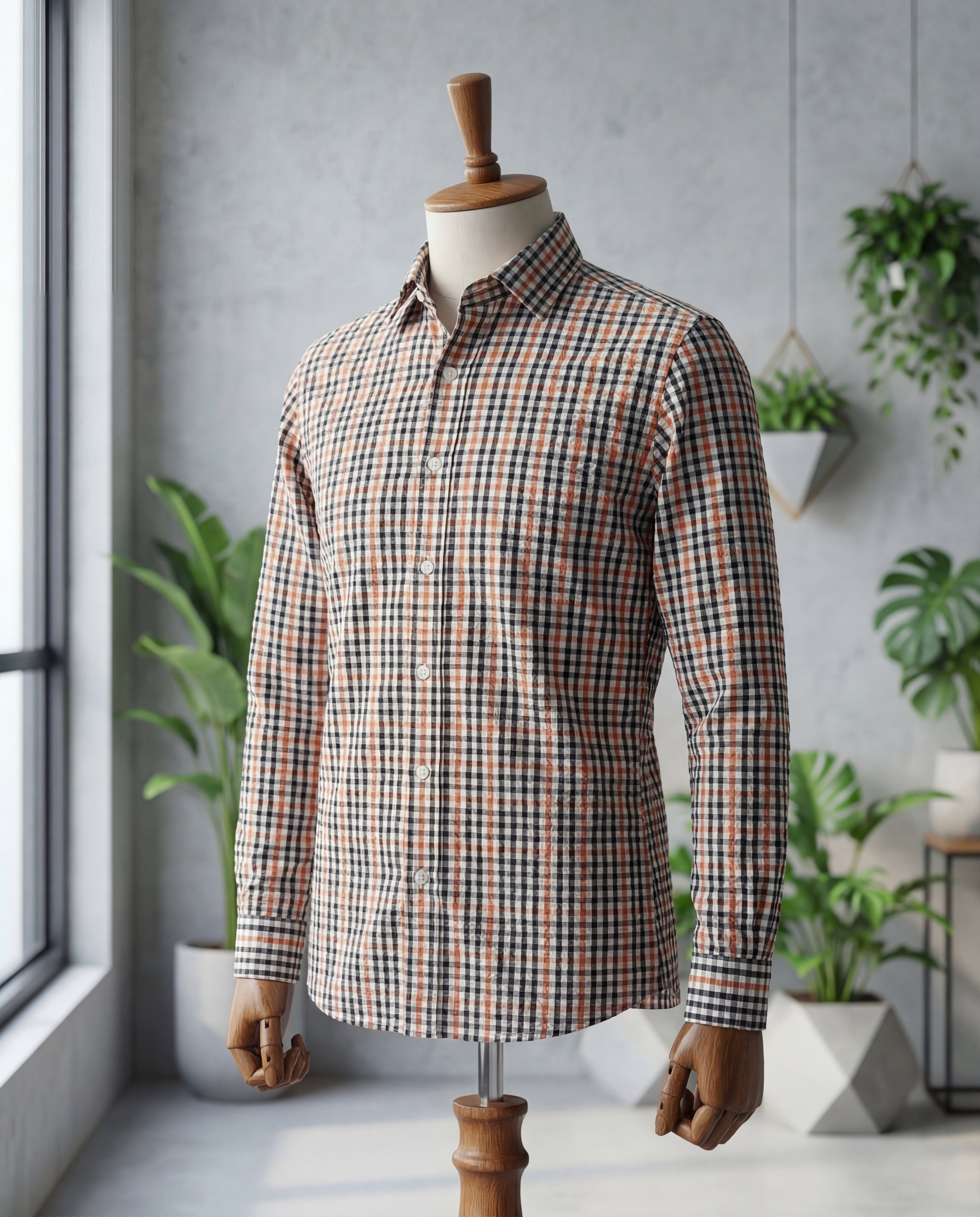 Beige & Black Gingham Seersucker