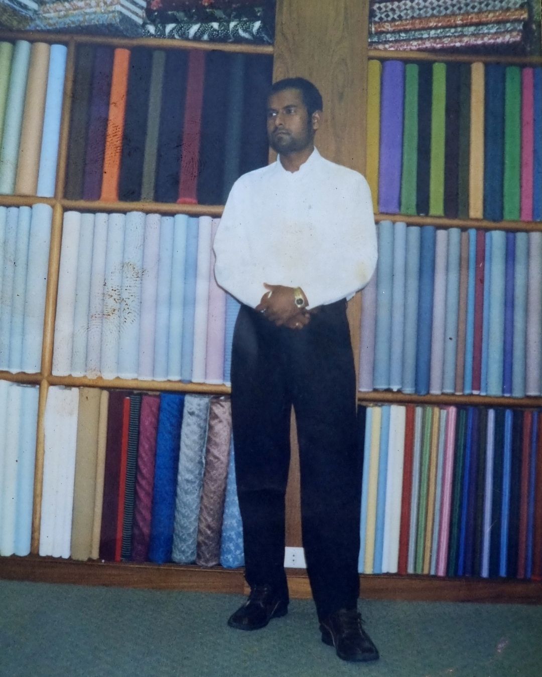 Father in fabric shop